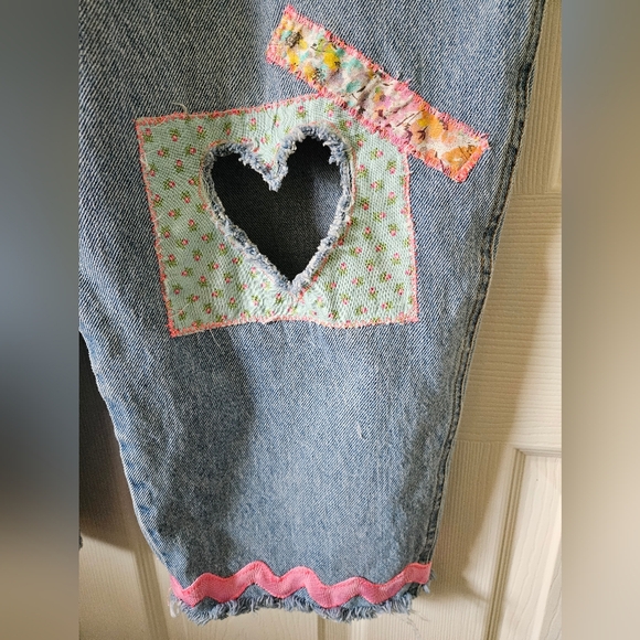 Women's Blue Denim Overalls with Colorful Patches - Picture 8 of 15